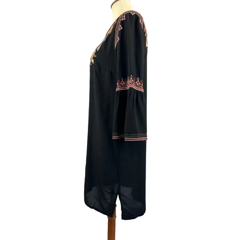 Johnny Was Black Embroidered Floral Silk Tunic Dress Womens S Artemis - Picture 2 of 13